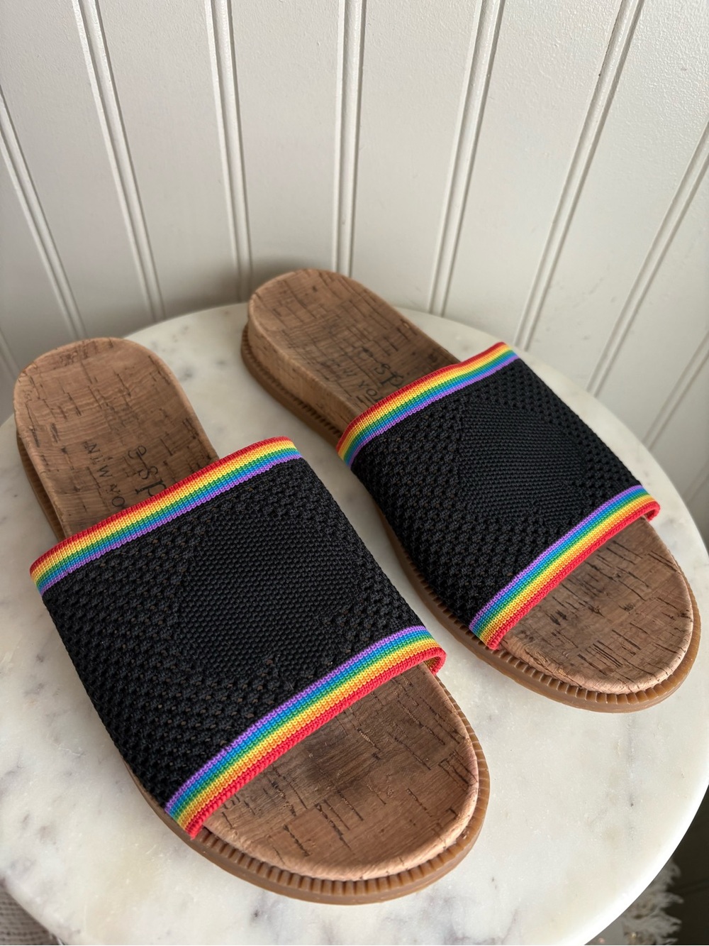 Kate Spade Wren Rainbow Stripe Slide Sandals Women’s 6.5 Black Knit/Cork Footbed